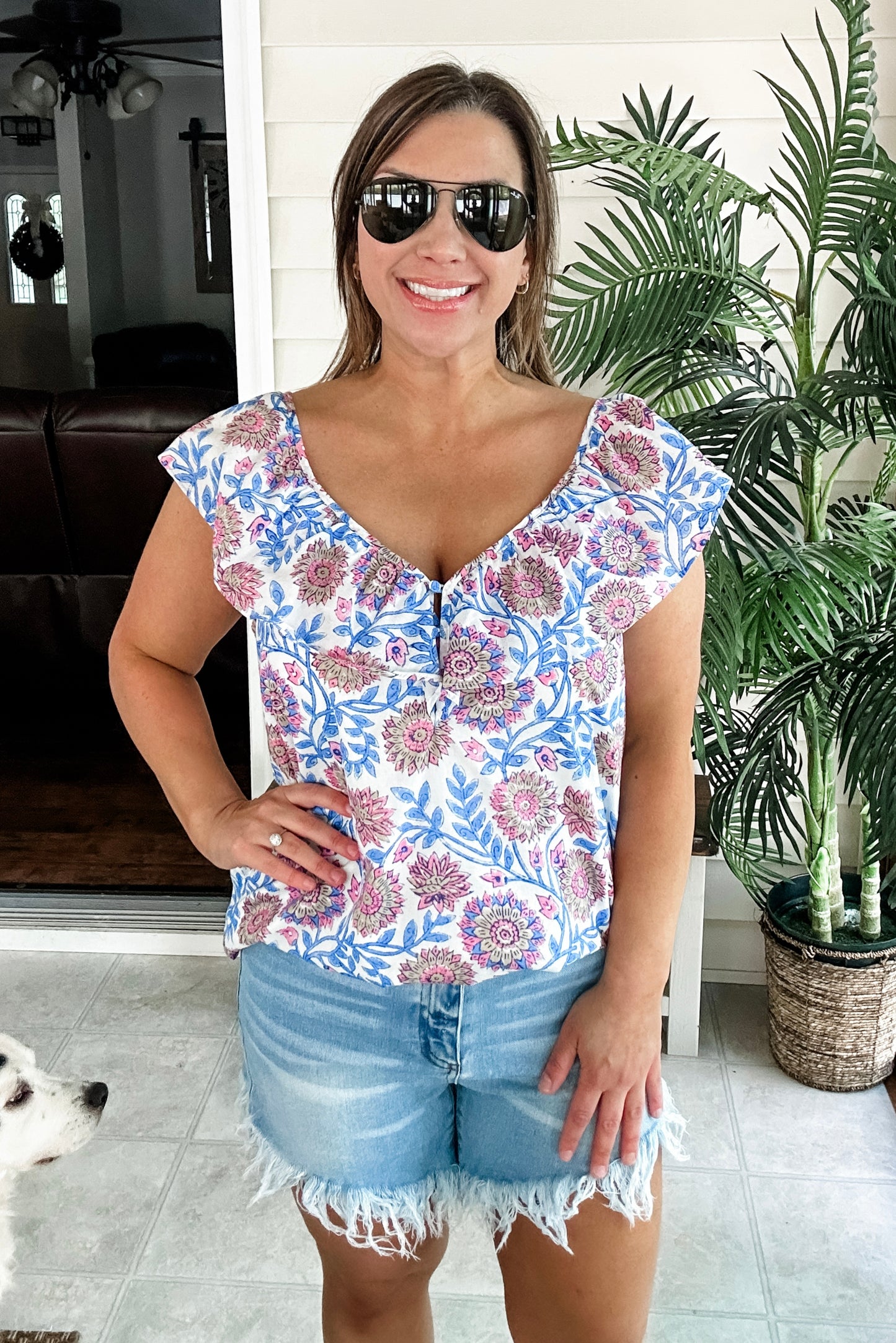 (L) J.Crew Floral Vine Ruffle Blouse