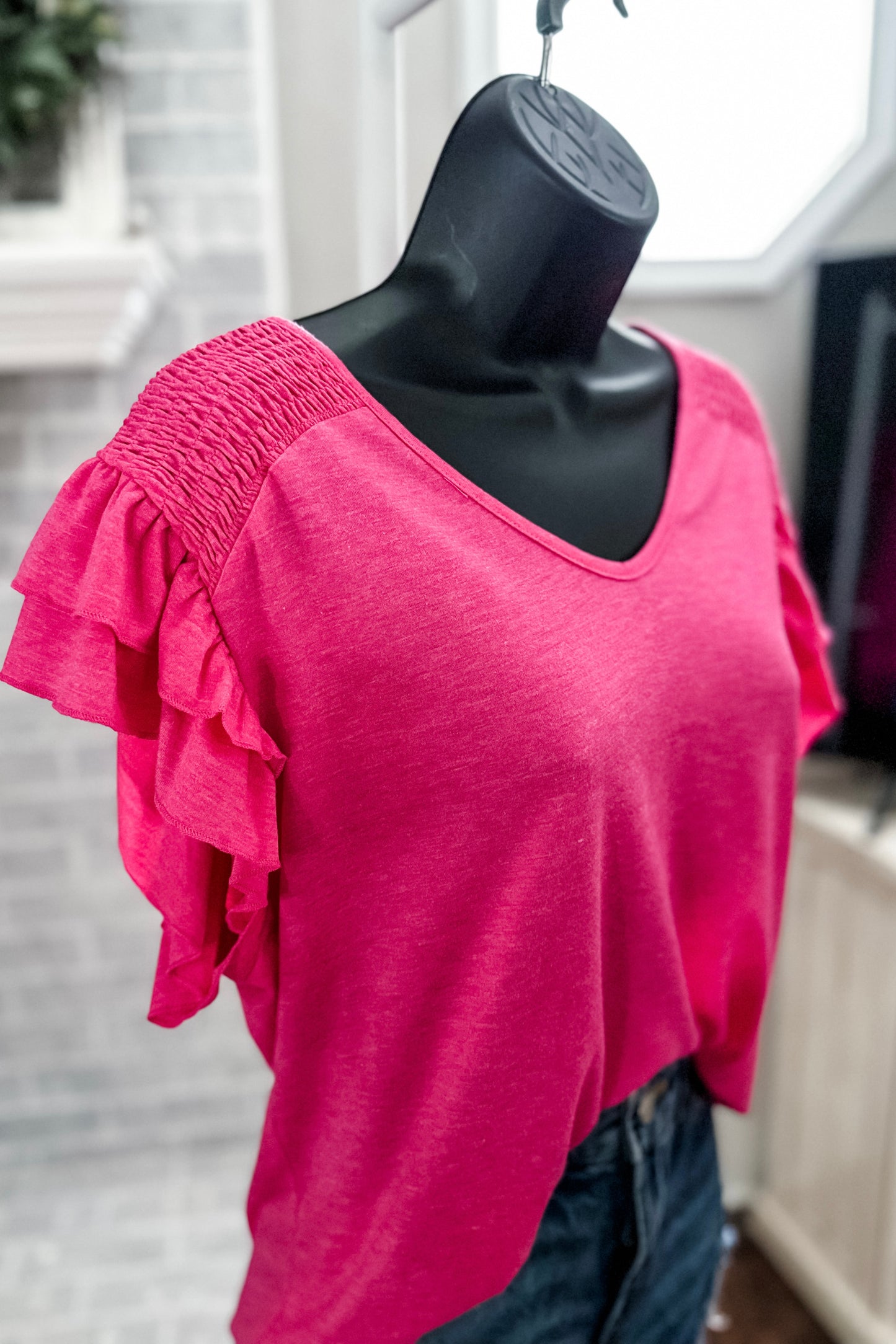 (L) Pink Ruffle Top