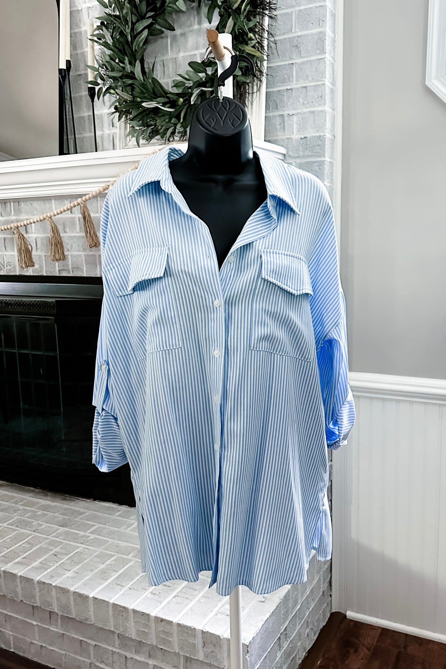 (L) Blue Stripe Button Up