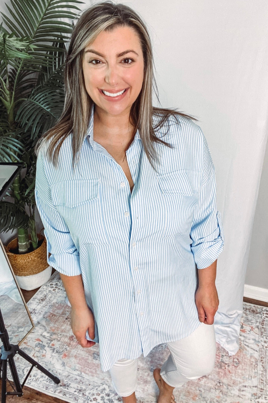 (L) Blue Stripe Button Up