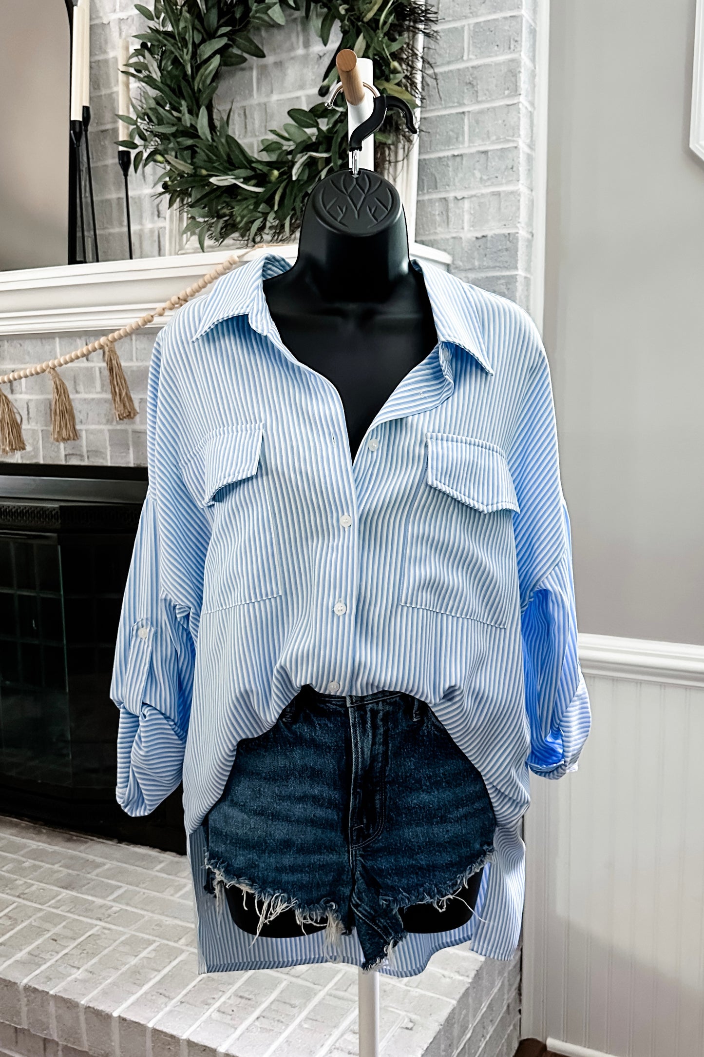 (L) Blue Stripe Button Up